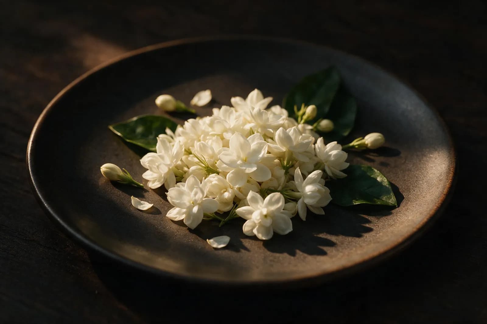 Frische weiße Jasminblüten mit Knospen und dunkelgrünen Blättern auf dunklem Teller