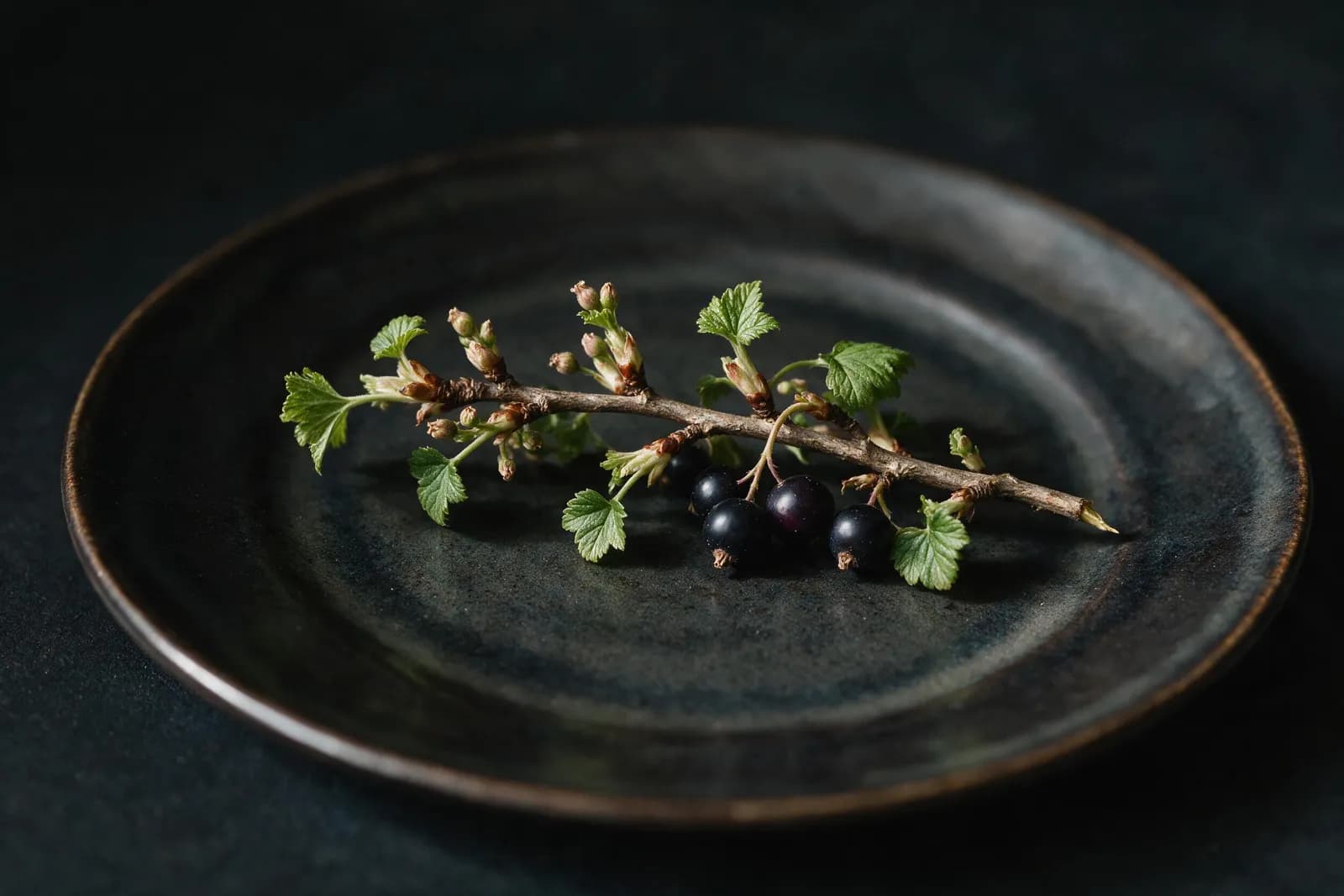 Zweig der Schwarzen Johannisbeere mit Knospen, jungen Blättern und einigen Beeren auf dunklem Teller