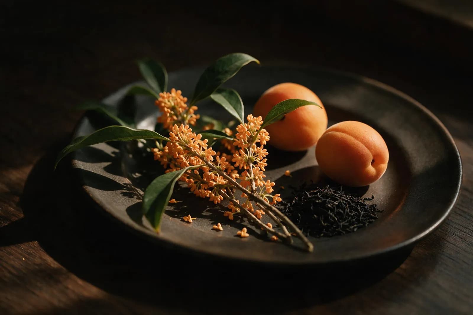Osmanthuszweige mit orangefarbenen Blüten neben Aprikosen und losem Schwarztee auf dunklem Teller