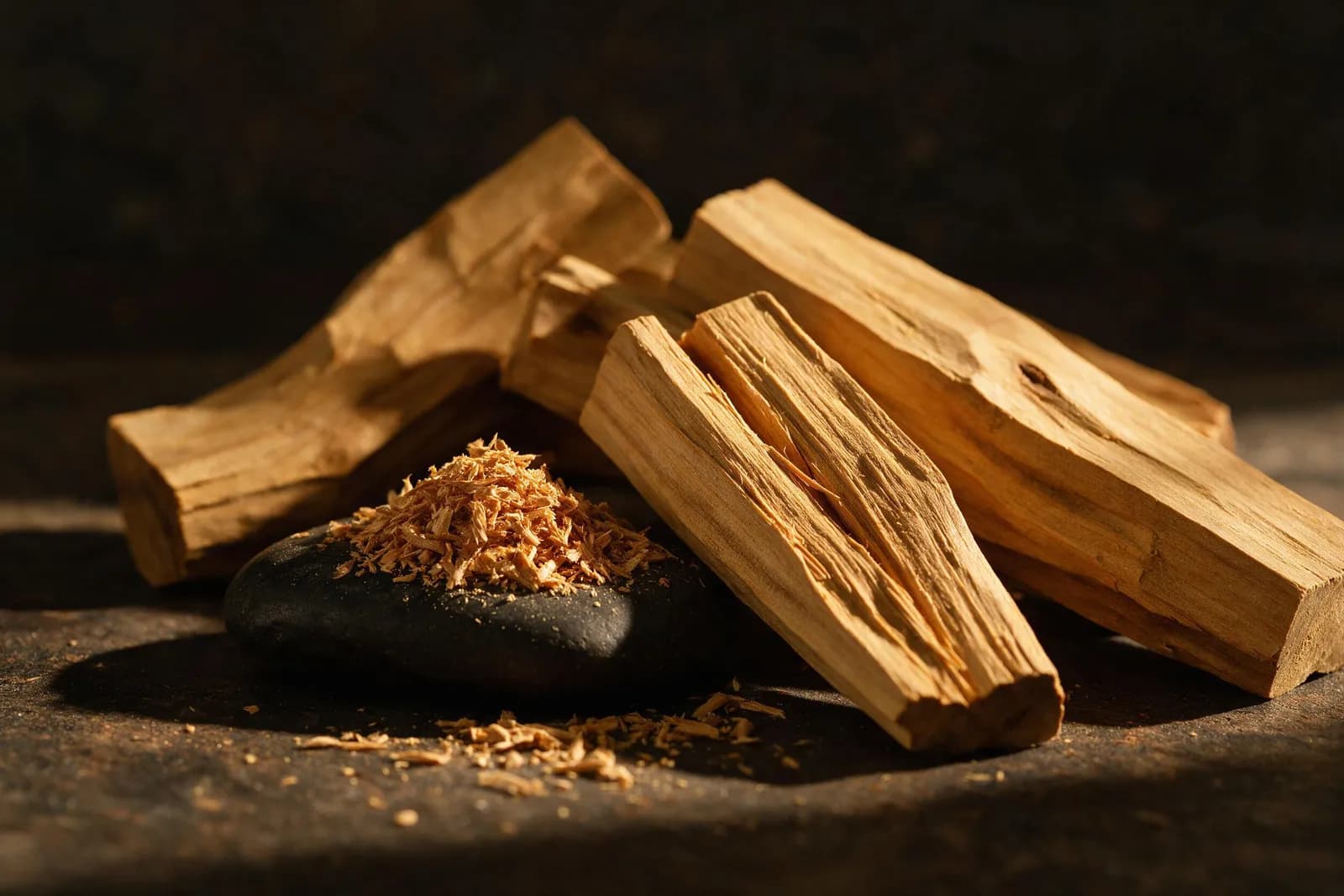 Helle Sandelholz-Stücke mit feiner Maserung und ein Häufchen Holzspäne auf dunklem Stein