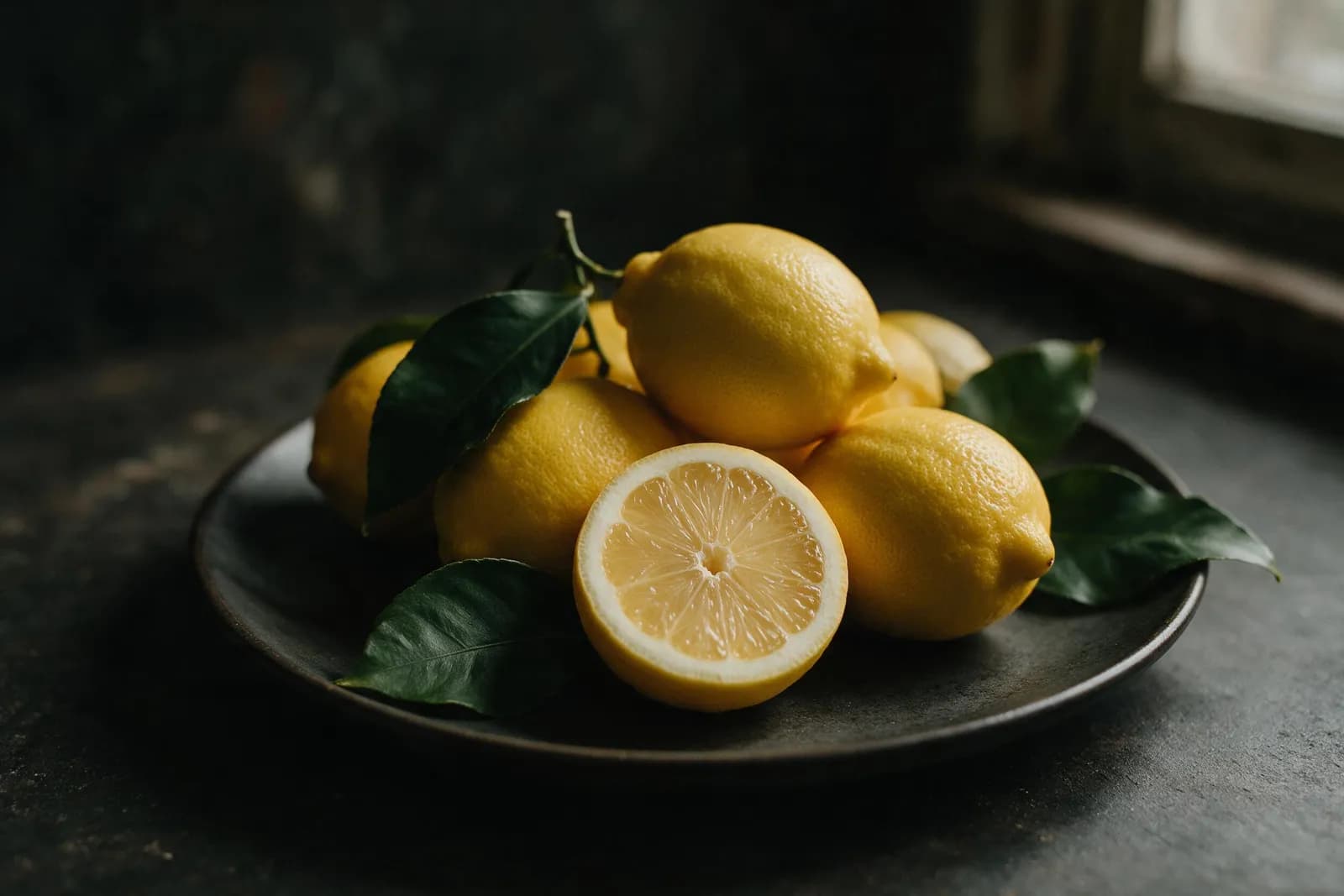 Zitronen mit Blättern auf dunklem Teller, eine Frucht aufgeschnitten